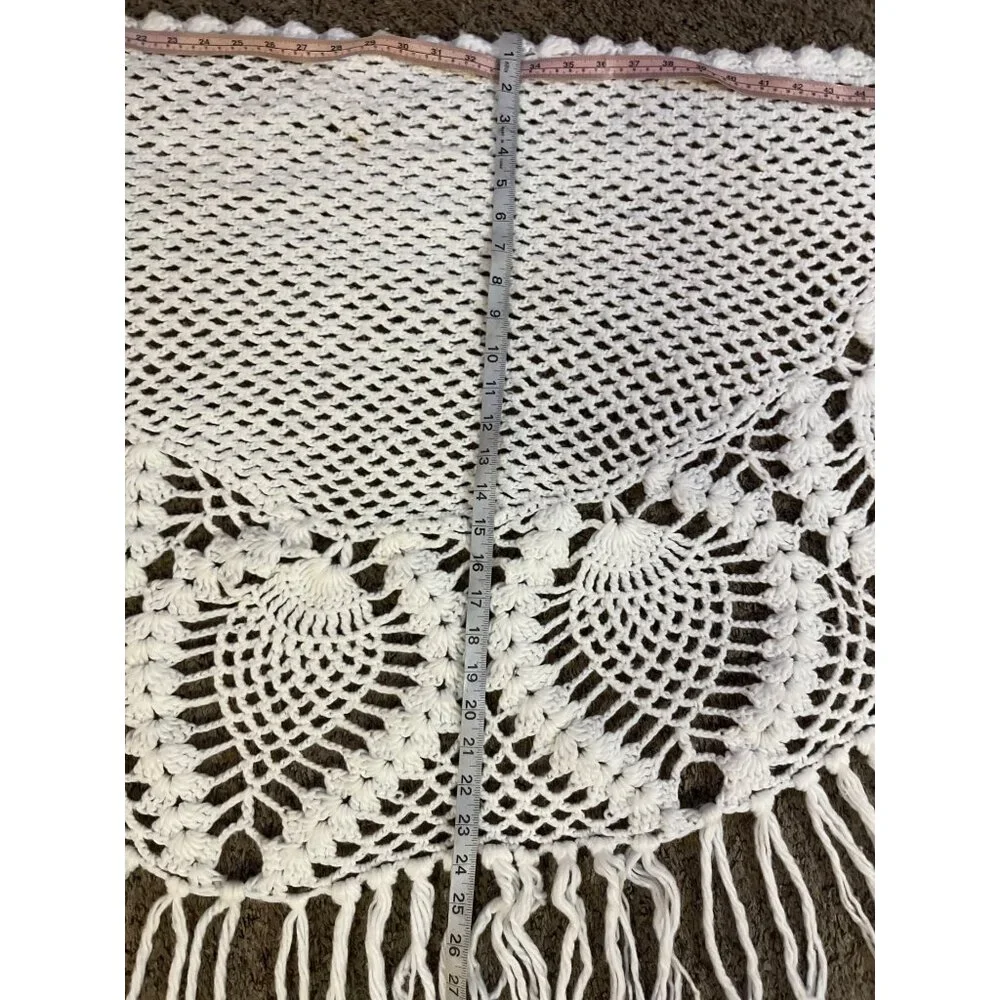 Vintage Pineapple Crochet Shawl Fringe Wrap Ivory Boho Festival One Size - Picture 7 of 16